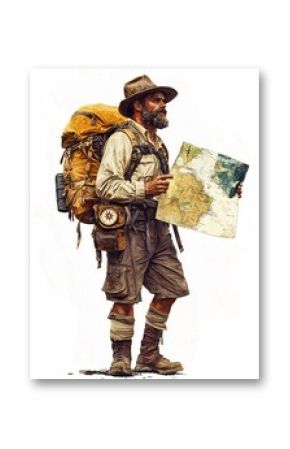 An isolated adventure-themed image showcasing an explorer with a backpack, compass, and map, representing the spirit of exploration and discovery.