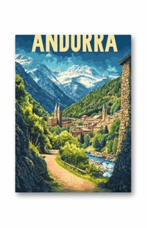 Explore Andorra's stunning mountain scenery, charming villages, and rich cultural heritage in this vibrant travel poster.