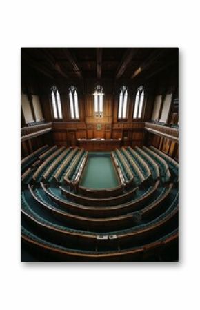 Inside view of a historic legislative chamber featuring wooden details and plush seating : Generative AI