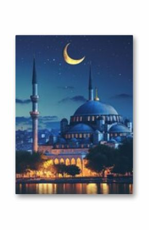 Islamic vertical photo. Suleymaniye Mosque with crescent moon. Ramadan or laylat al-qadr or kadir gecesi concept vertical photo. --