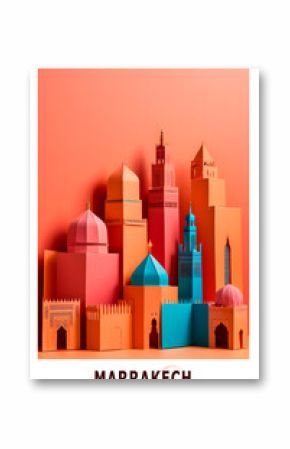 Marrakech, Morocco city poster in origami style. Layered folded paper image with skyline, panorama, landmarks for flyer, postcard, print