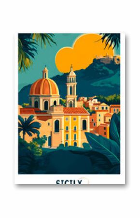Sicily region, Italy illustrated poster in retro style. Vintage travel booklet, postcard, print, cover with scenic coastline, townscape