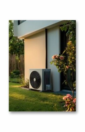 Air source heat pump installed on the wall of residential building in summer morning light.