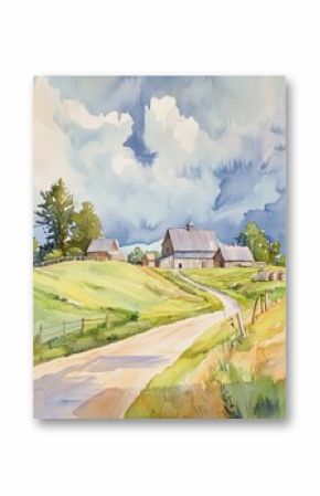 Delicate watercolor painting of a traditional farm with rustic barns and lush green fields under a soft blue sky