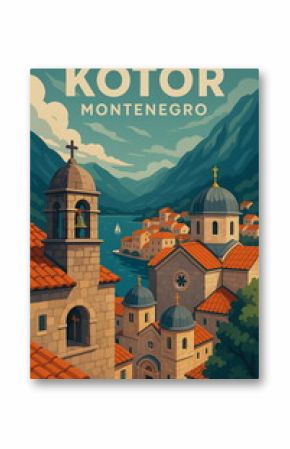Vintage travel poster illustration of Kotor, Montenegro featuring iconic architecture and landscapes. Retro style tourism art, perfect for travel, adventure, and wanderlust concepts.  
