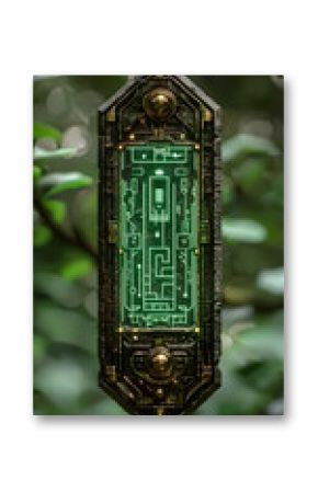 Ornate Green And Gold Metal Artifact With Labyrinth Design Hanging In Lush Green Forest