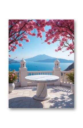 Serene Coastal View Marble Table under Blossoming Pink Trees