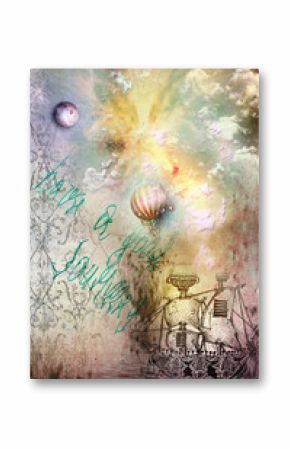 Grunge background with ship and hot air balloon