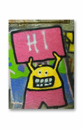 Comicfigur mit Tafel und Aufschrift Hi
