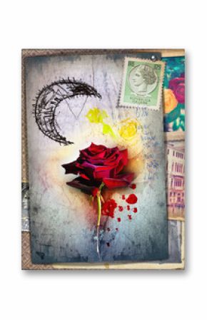 Mystic red rose,stamp and moon