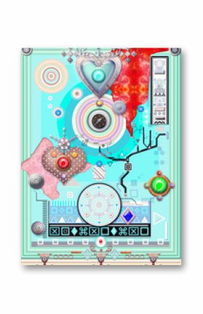 Sfondo etnico e psichedelico con cuore,mandala,bersagli,macchie colorate e forme astratte e geometriche