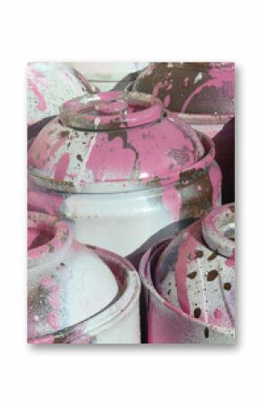 A lot of used pink metal tanks with paint for drawing graffiti