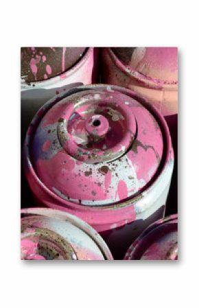 A lot of used pink metal tanks with paint for drawing graffiti