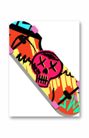Flat deck design is featuring graffiti pink skull with yellow drip on clear background, copy space