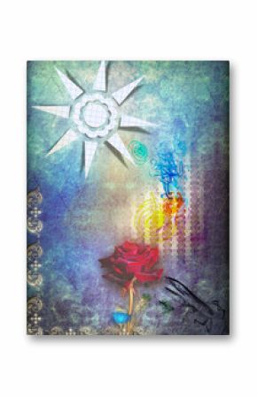 Red rose in the blue starry sky and sun