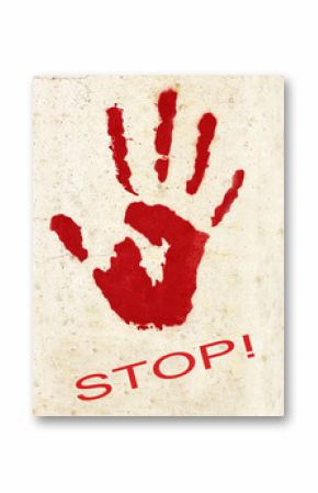 A palm print on concrete, a symbol or a sign, the word stop