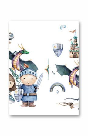 The little knight and cute princess around castle. Kid set Adventure Hand drawn watercolor isolated nursery kid cartoon illustration on white background