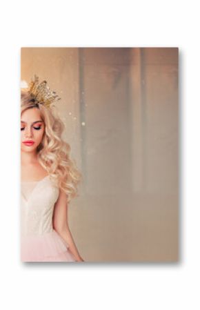 Portrait capricious fantasy princess girl. Blond lond hair gold crown. Fairy tale lady woman in vintage dress. White room lamp chandelier. Bored fashion model queen. free space for text wide screen.