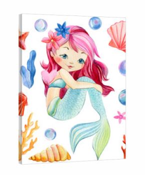 Mermaid, seashells, crown, bubbles, coral and pearl on an isolated white background. Watercolor drawing