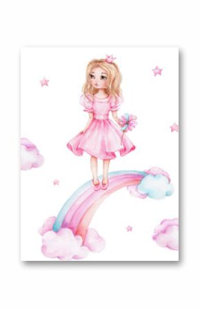 Princess standing on rainbow  watercolor hand drawn illustration  with white isolated background