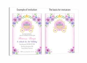 Watercolor princess carriage and flowers invitation card, layout.  Design for birthday party, baby shower, wedding. Princess, princess cart, crow, queen, fairy tale theme, for a girl