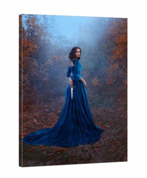 Fantasy warlike medieval woman queen holds metal vintage dagger blade weapon in hands hides behind back. Background forest fog night. Blue velvet luxurious royal dress. Girl princess warrior rear view