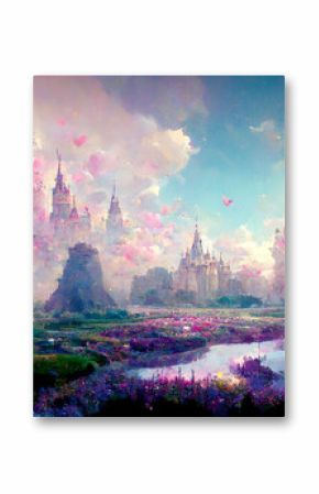 Illustration of a fairytale dreamlike castle in pastel colors, magical and mystical medieval kingdom, generative AI