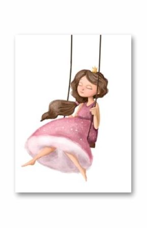 cute princess on swing, watercolor illustration with cartoon character