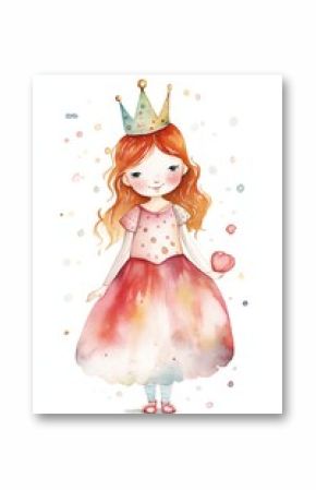 beautiful watercolor princess with ginger hair, fairytale, clipart illustration, isolated on white. Generative AI