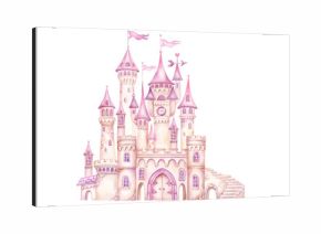 Fantasy princess castle. Pink Fairy tale watercolor hand painted illustration isolated on transparent background. Ideas for baby shower invitation, kids greeting cards, girls nursery decoration