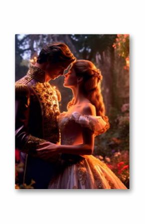 prince and a princess sharing a kiss in a magical garden. Generative AI