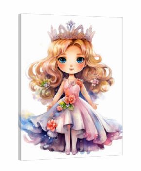 Cute cartoon little girl in princess dress with a crown on her head, watercolor illustration, isolated on white. Generative AI
