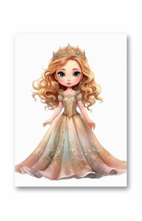 Portrait of cute cartoon little girl in princess costume, isolated on white background. Generative AI