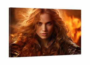 A mythical warrior goddess with a fiery gaze, clad in ornate armor, standing tall amidst a battlefield. AI generated