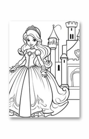 Print out the line art of the cartoon princess and castle and start coloring.