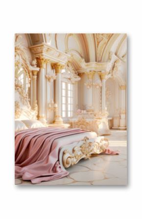Bedroom interior decorated in fancy posh neoclassicism style with white, beige, golden and pink tones