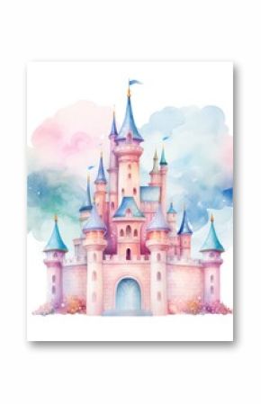 Watercolor princess castle isolated