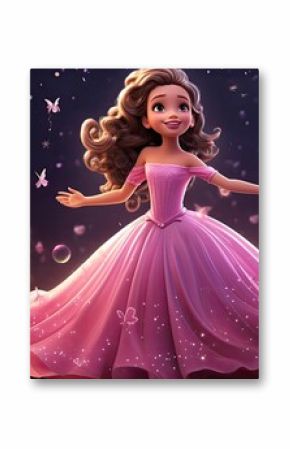 Enchanting cartoon princess in a sparkly pink gown. A magical and dreamy character.