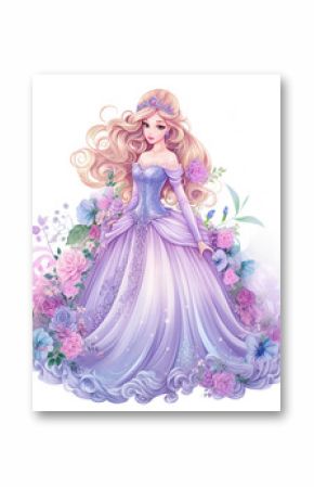 Little Princess watercolor clipart with brown hair, pink flowers, long dress, look like doll