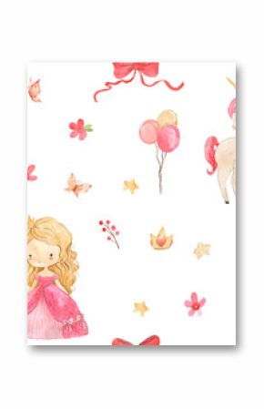 watercolor seamless pattern pink flower illustration for kids princess