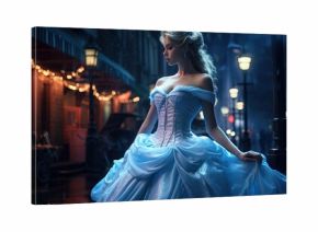 pretty woman wearing princess gown walking in urban city street at night time, Generative Ai
