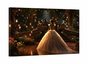 A fantasy portrait of a woman in a magical forest, illuminated by glowing lights, combining elements of fashion, nature, and imagination