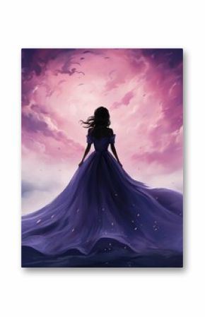 Silhouette of a princess in a chic dress against a background of castles. Digital concept, illustration painting.