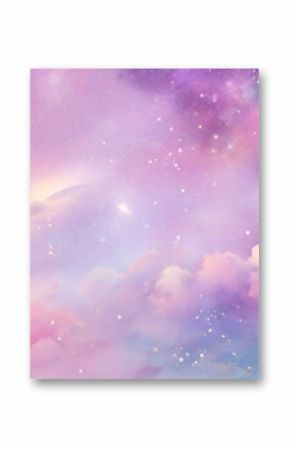 Rainbow unicorn background. Fantasy cloudy pink sky. Cute pastel vector scene with candy colors. Magic princess landscape with fairy stars and glitter.