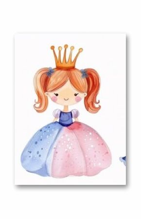 Set of three cute cartoon illustration of little princess in dress and tiara isolated on white, watercolor adorable illustration.