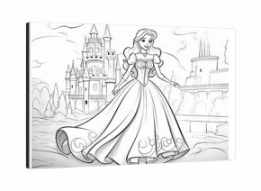 Children’s coloring book page featuring a cartoon princess and castle with detailed line art for creative play