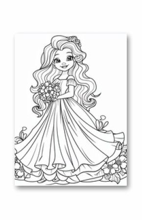 Cartoon princess with long curly hair and a flowing gown, standing in a garden, flowers in her hands, outlined for coloring, white background.