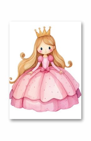 Cute watercolor princess, little girl with pink dress and crown from fairytale isolated illustration