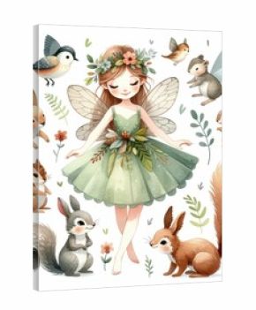 Woodland fairy with animal companions. watercolor illustration, Perfect for nursery art, Forest princess surrounded by flora and fauna fantasy character.