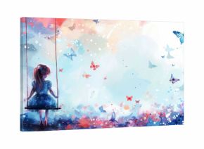 Watercolor painting featuring a cute little princess swinging surrounded by butterflies.